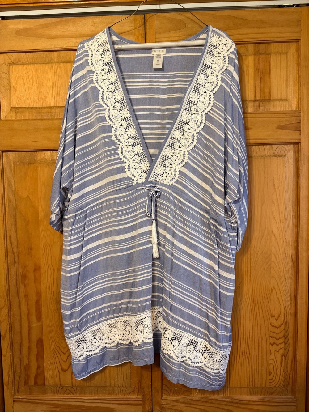 Dotti Light Blue & White Striped V-Neck Crochet-Trim Tunic